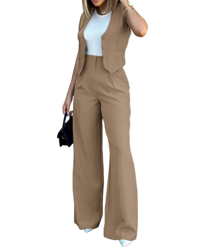 Office Female Two Piece Set Women Outfit 2023 Autumn New Fashion Buttoned Vest Top & Wide Leg Pants Set Temperament Commuting