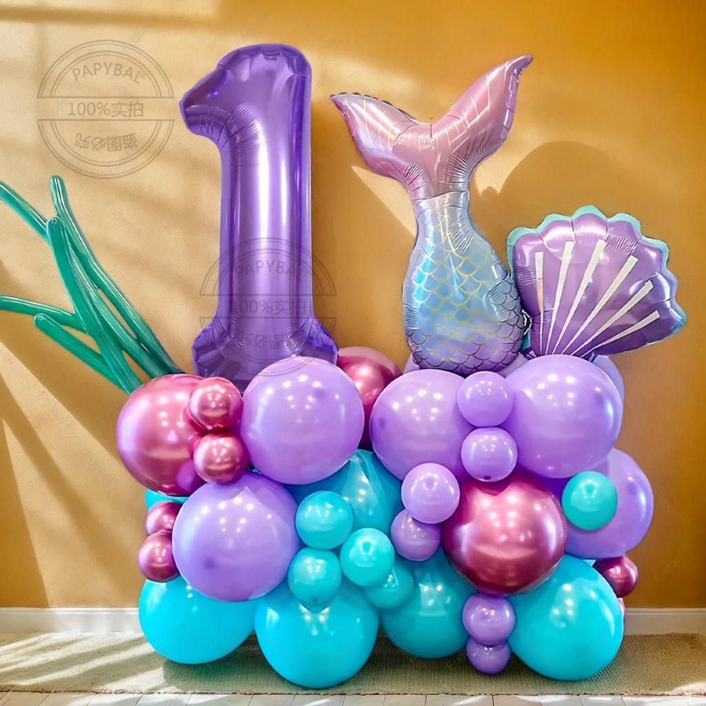 55 stücke Meerjungfrau Schwanz Shell Ballon Ozean Thema Lila Geburtstag Anzahl Ballon Set Festliche Party Dekoration Geburtstag Party Supplies
