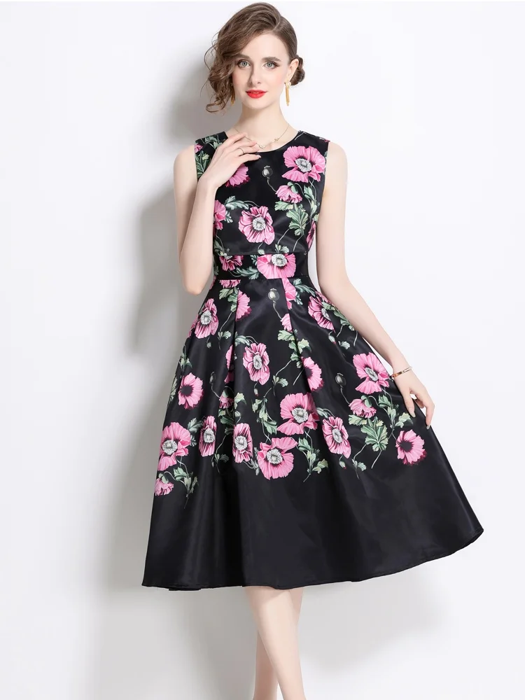 SMTHMA Nuove donne estive Stampa O-Collo senza maniche Abito lungo casual Moda Slim Fit Beach Party Abiti da sera