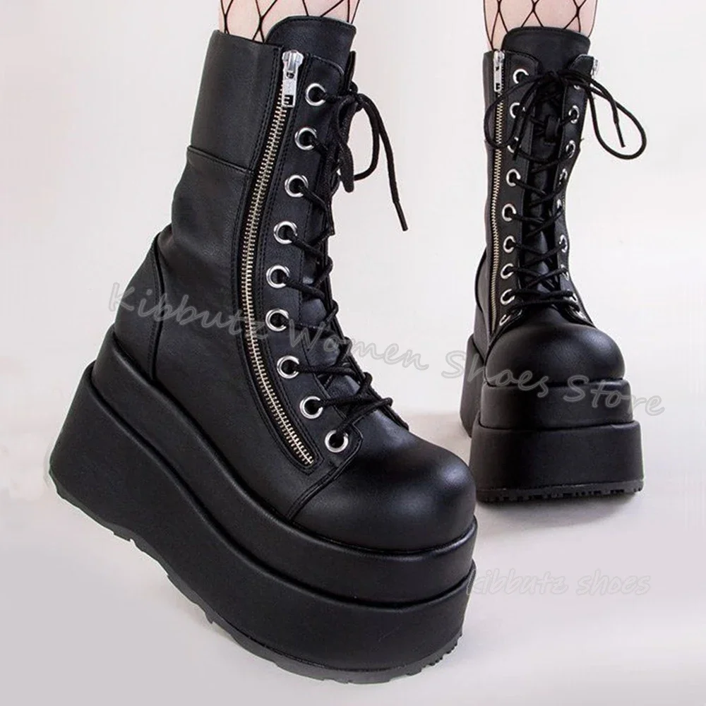 

Platform Ankle Boots Thick Bottom Solid Color Lace-Up Genuine Leather Fashion Novelty Sexy Concise Women Shoes Round Toe Newest