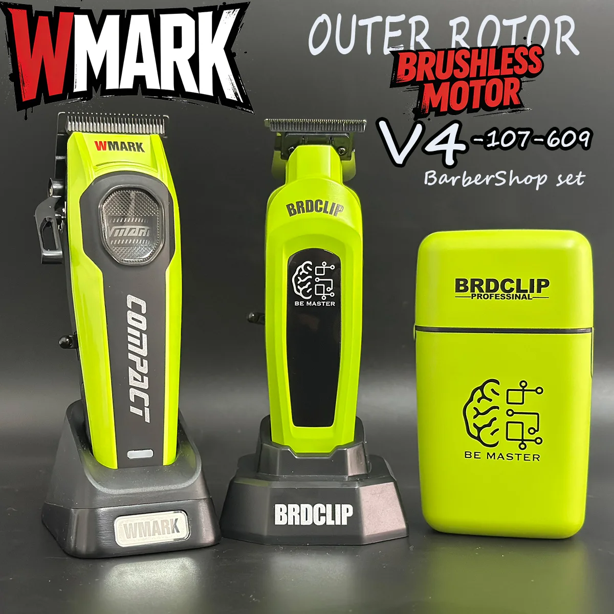 WMARK V4-107-609 Professional Men's Metal Hair Clipper Outer Rotor Brushless DLC Blade Barber Set Electric Trimmer Foil Shaver