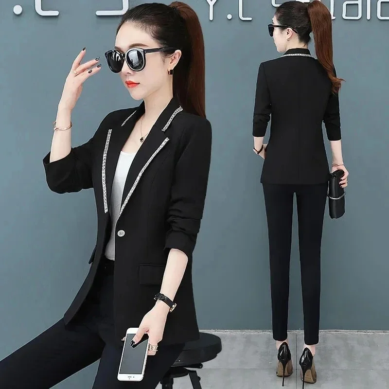 LIBIELIY 2025 New Spring Autumn Korean Women Blazer Jacket Long Sleeve Casual Diamond-encrusted Suit Jacket Female Blazer Coat W