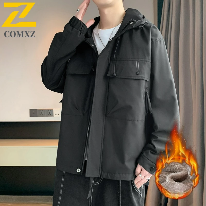 

COMXZ Мужская куртка Утолщенное ветрозащитное пальто для приключений на открытом воздухе Повседневное удобное легкое осенне-зимнее пальто с капюшоном и карманом на молнии