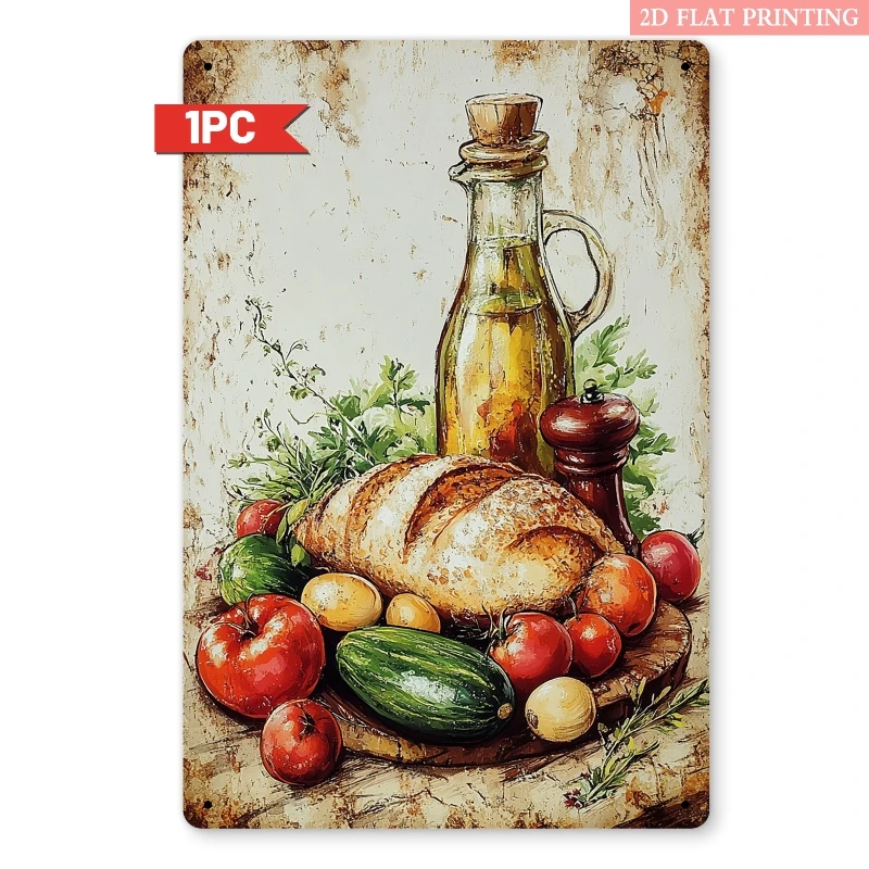 2D Flat, 1pc Vintage Mediterranean Kitchen Metal Wall Art Sign - 8x12 Inch Rustic Olive Oil, Bread & Tomato Retro Durable Iron P