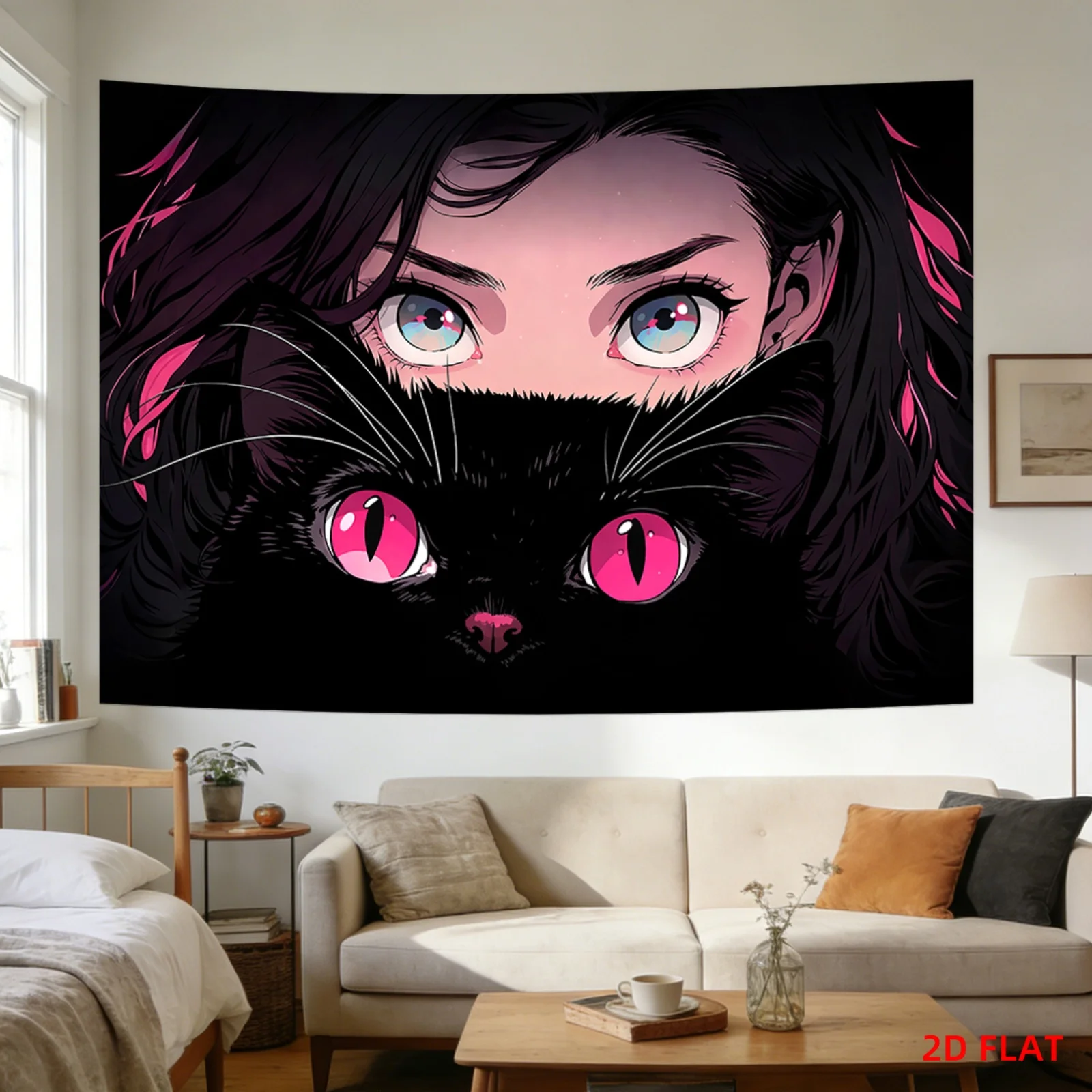 Anime Girl with Black Cat Tapestry, Pink Eyes Gothic Wall Hanging, Dark Fantasy Art Dorm Bedroom Decor for Girls