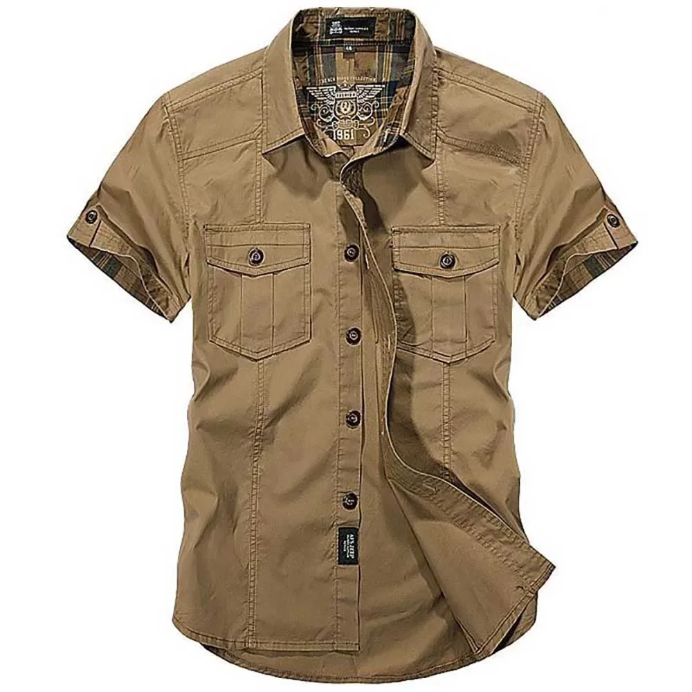 

2024 Summer New Fashion Cotton Casual Shirts Men Loose Shirts Short Sleeve Turn-down Collar Military Style Male Tops