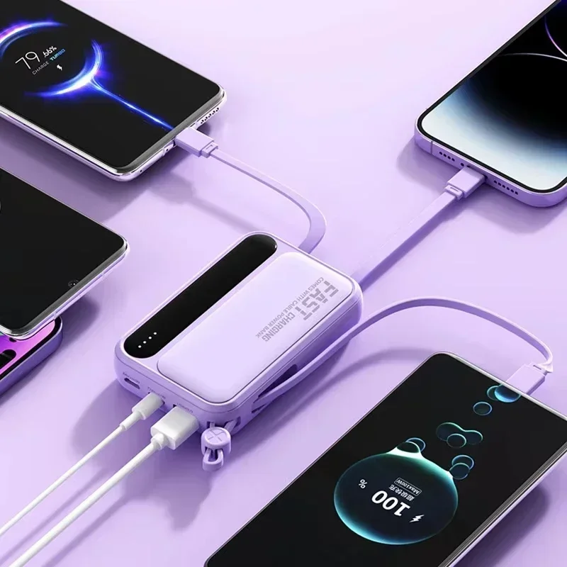 2025 جديد 50000mAh 4 in1 قوة البنك سعة كبيرة المدمج في الكابلات ذكي شاشة ديجيتال ضوء بطارية محمولة آيفون