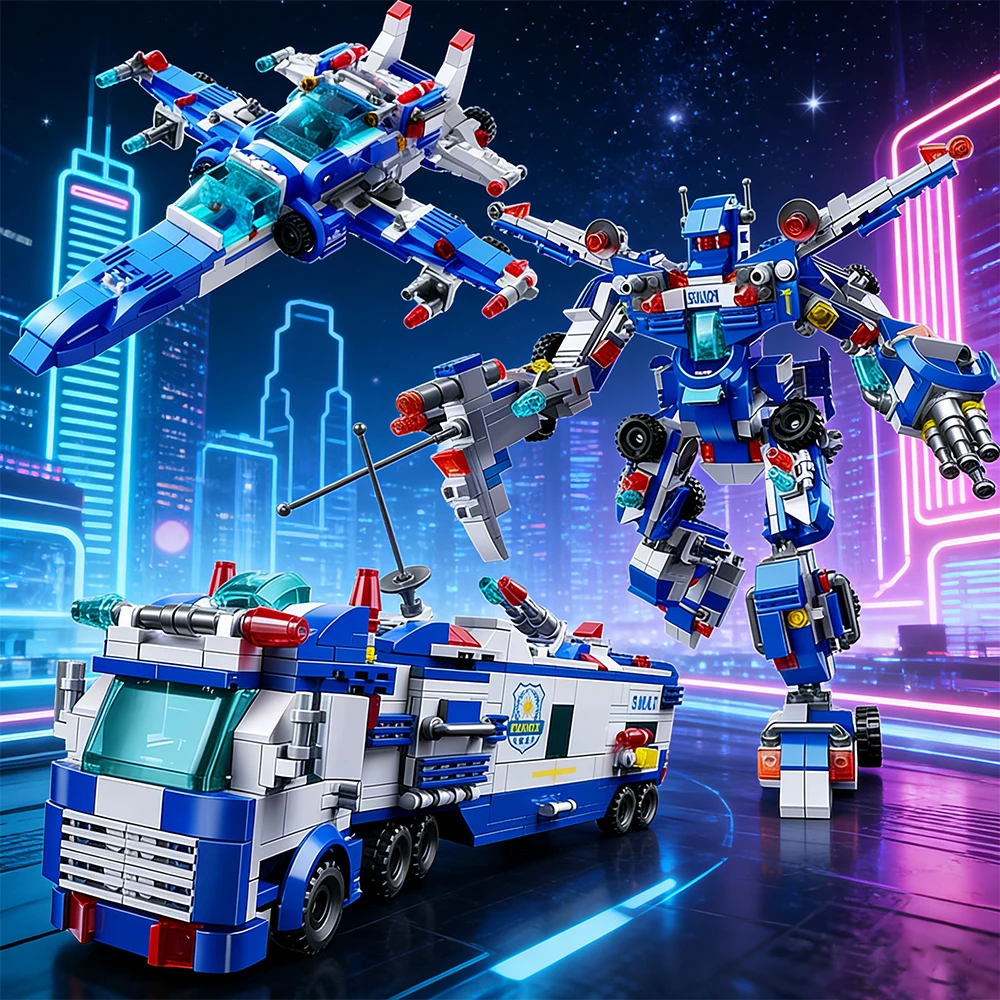 

Transformable Car 679PCS Building Bricks Blue White Set Kids Educational DIY Construction Toys Creative Play Birthday Gifts