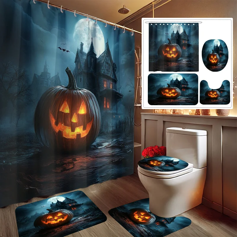 

4 шт., набор для ванны с принтом тыквенного фонаря на Хэллоуин, включает занавеску для душа, нескользящий коврик, чехол для унитаза, коврик для ванной комнаты и
