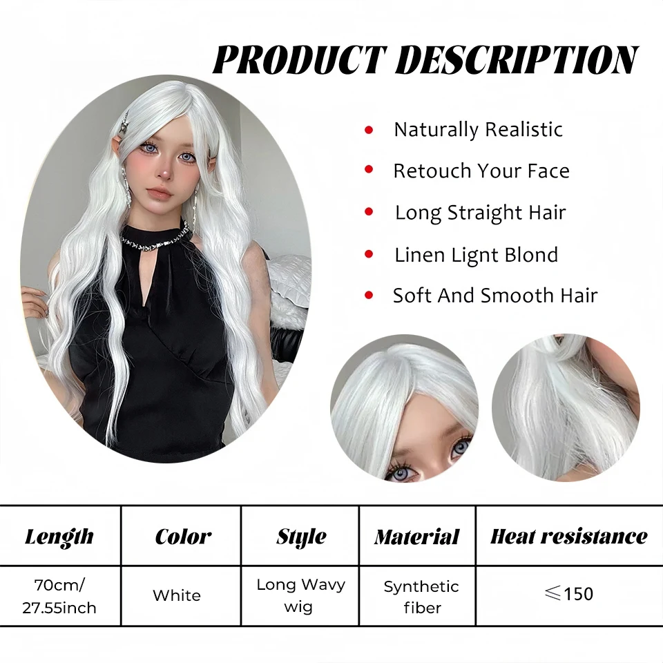 Long Water Wave Wig with Bangs White Colorful Cosplay Silky Wig for Women Daily Party Natural Soft Synthetic Hair Heat Resistant