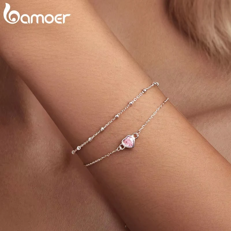 BAMOER 925 Sterling Ezüst Dublőz Alvóhely Karcsat Hajasbaba Pink Kőr Alkalmazkodó m Futószalag Kézelőgomb számára Nők valentin Egynapi út Adomány BSB152