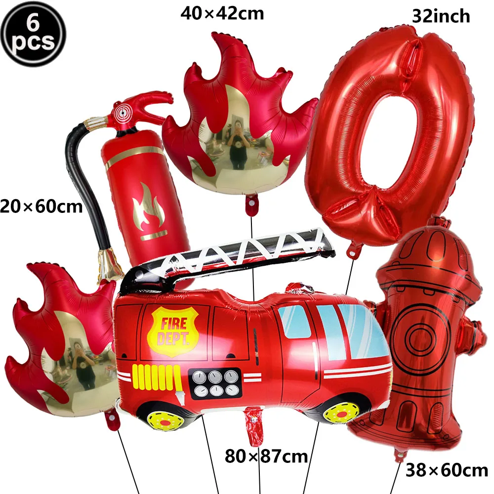 1Set Fire Truck Balloon Set Firefighter Theme Birthday Party Decorations Fire Engine Flame Foil Balloons Number Balloon Decor