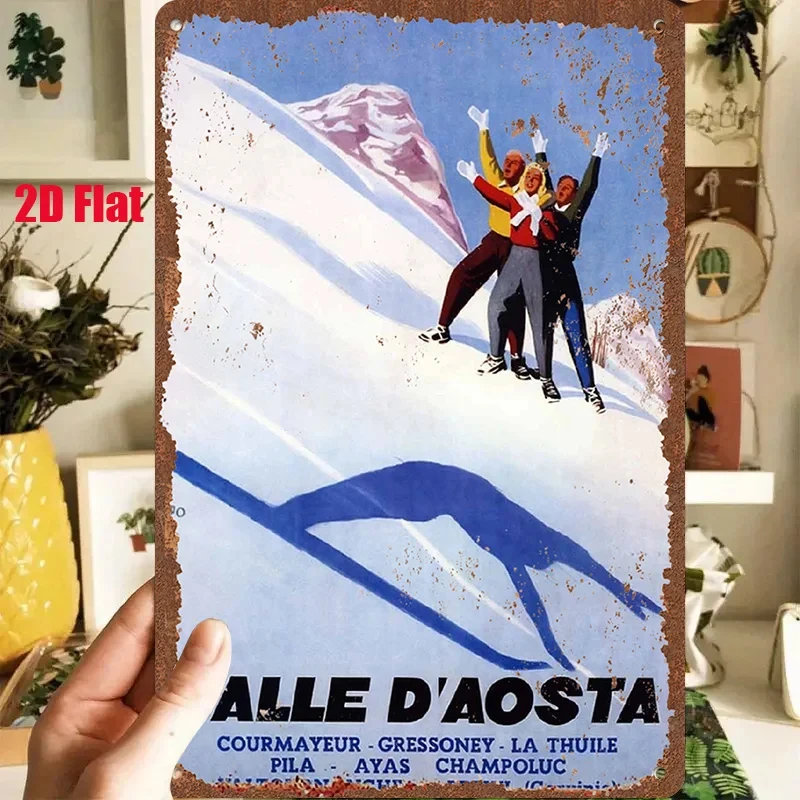 2D Flat Surface - 1 piece 2D [flat] metal sign [tin painting] depicting the snow-capped mountains of the Ostense Valley in Italy, a scene of three people skiing, suitable for