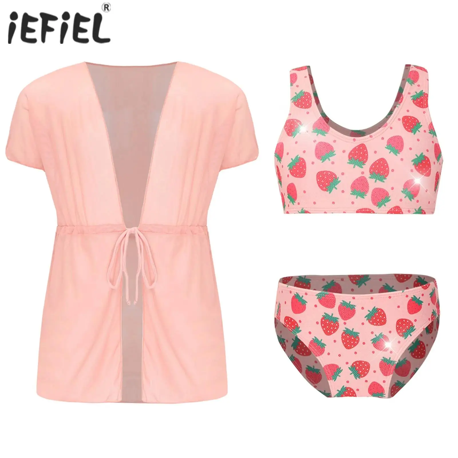 3Pcs Kids Girl Cute Strawberry Print Swimsuit Swim Vest Top Briefs and Mesh Belted Cover Up Kimono Set Beach Swimwear Outfits