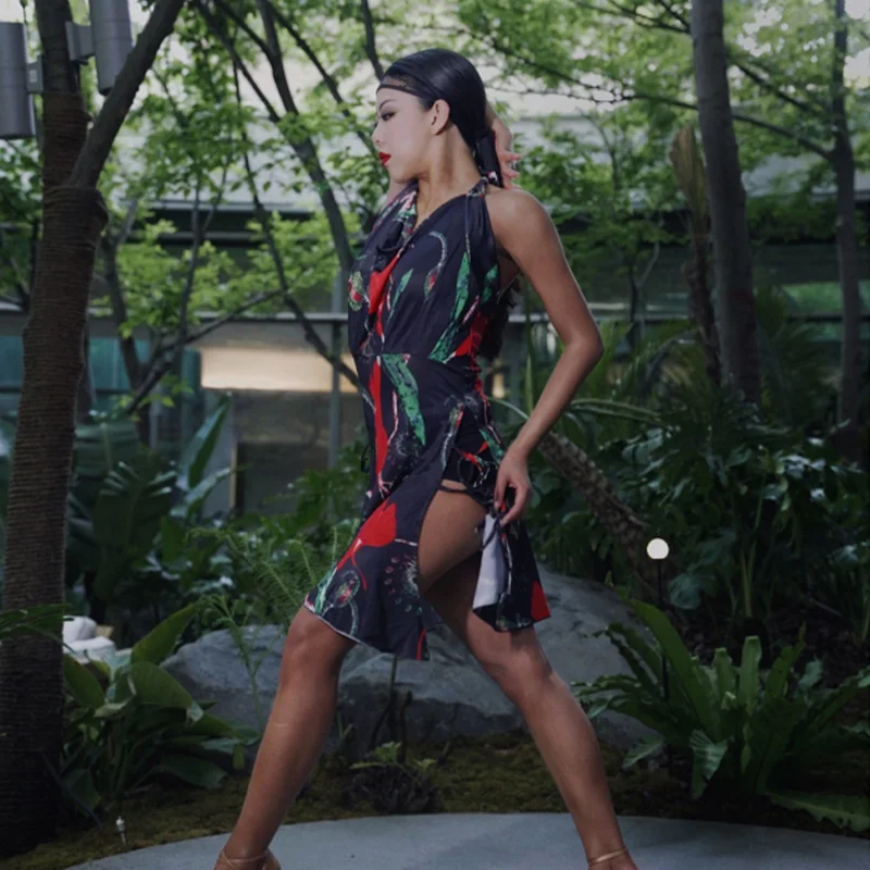 

Floral Latin Dress Women Halter Samba Dresses Ballroom Practice Wear Stage Costume Backless Salsa Clothing Tap Dancewear JL4387