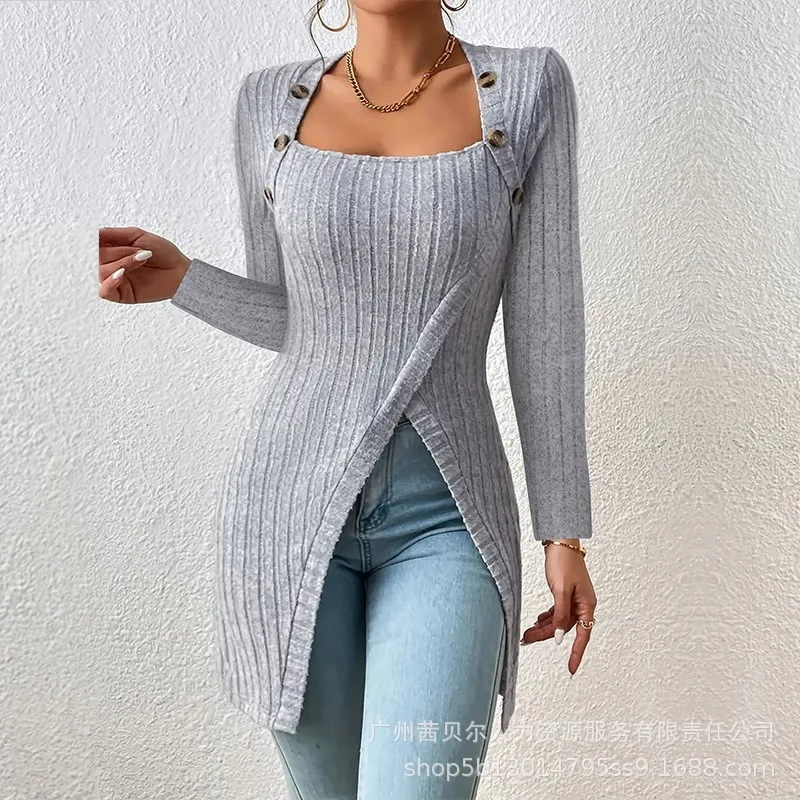 Women's Square Collar Lace Long Sleeve Split Top 2023 Autumn Winter Top Women's Sexy Button Slim-Fit Knitted Top