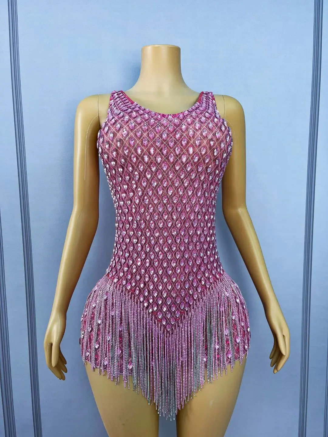 Sexy Pink Rhinestone Tassel Bodysuits Women Club Party One Piece Jumpsuits Aerial Dance Leotard Show Performance Festival Outfit