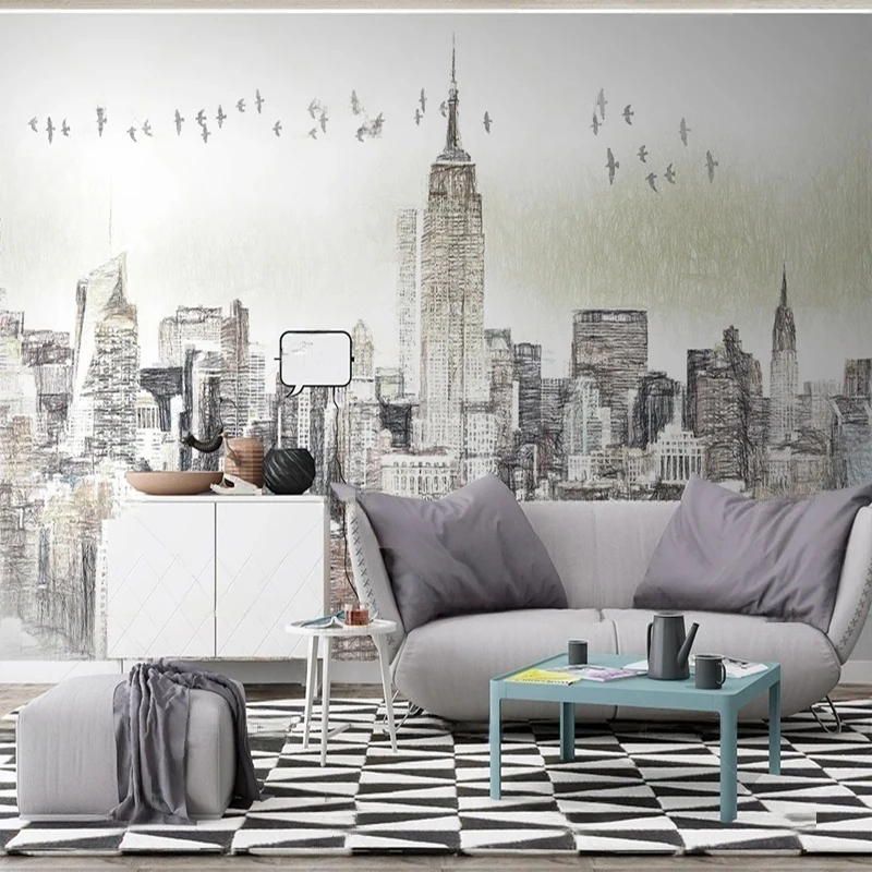 MU8784 Hand-painted modern and simple TV background wall paintings of urban architecture