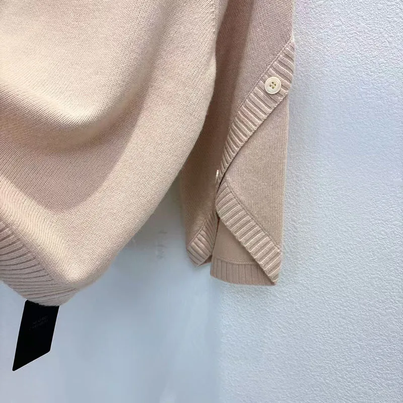 Damski sweter z wełny i kaszmiru, okrągły dekolt, unikalne rękawy zapinane na guziki, stylowy i uniwersalny pulower, sezon jesienny, nowy.