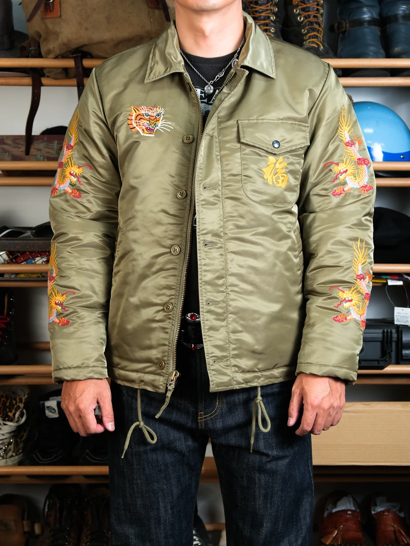 

High Densi Nylon Water Resistant Embroidered Dragon Tiger Fortune De Jaet Loose Fit Faion Urban Sle Long Sve Coat