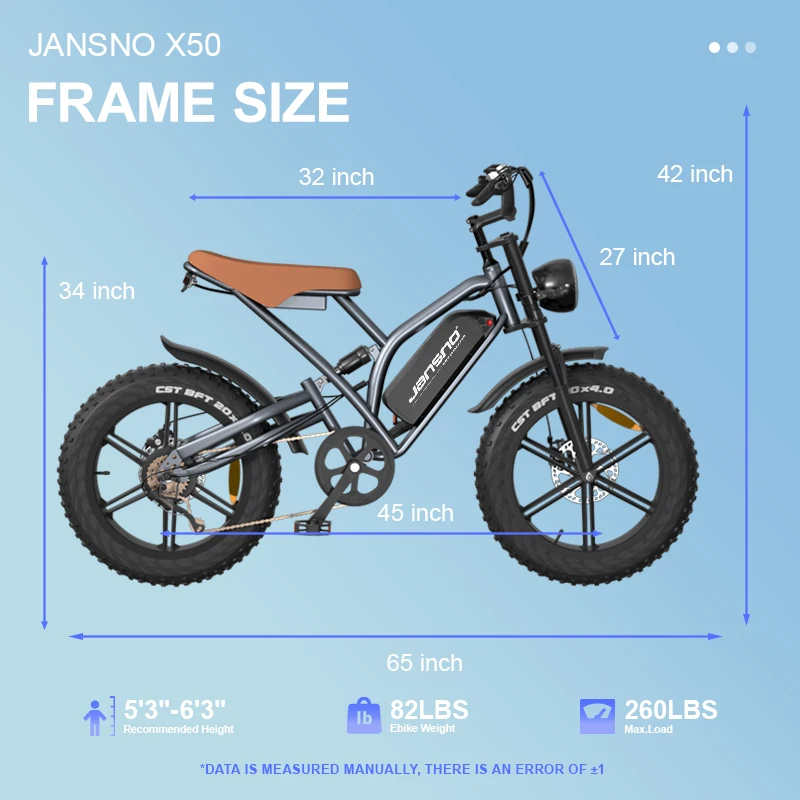 Bicicleta eléctrica JANSNO X50 Fat Tire para adultos, motor potente de 750 W, batería extraíble de 48 V 14 Ah