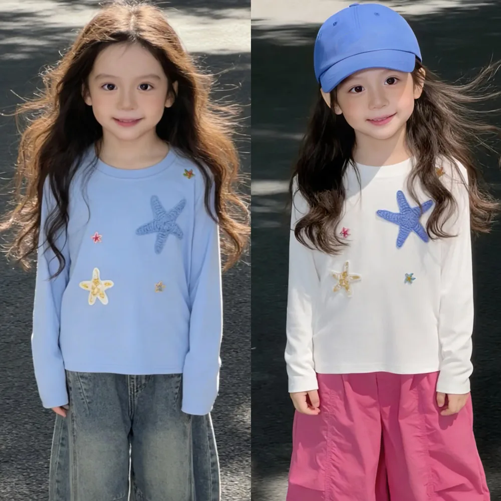 

spring kids clothes girl t-shirts Handmade hook flower three-dimensional starfish ocean style High elasticity skin friendly tops