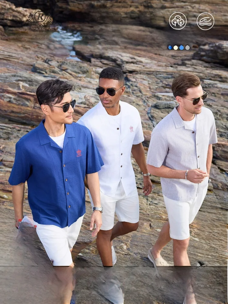 Camisa de Lino de Manga Corta para Hombre Raidy Boer, Estilo Casual, Temática de Vacaciones en la Playa, Moda de Verano, Cort...