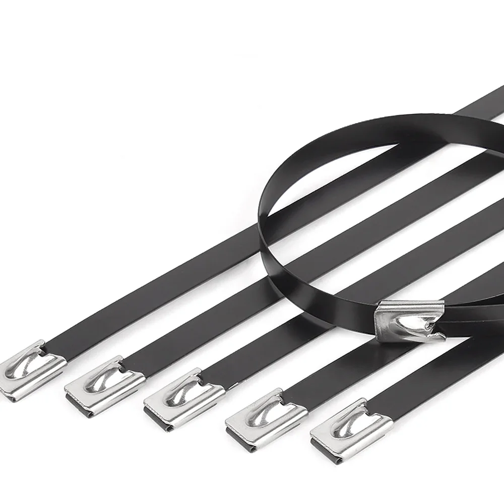 304 Stainless Steel 4.8mm/8mm PVC Coated Cable Ties Black Marine Grade Metal Zip Ties Self-Locking Fastener Length 100mm-1700mm