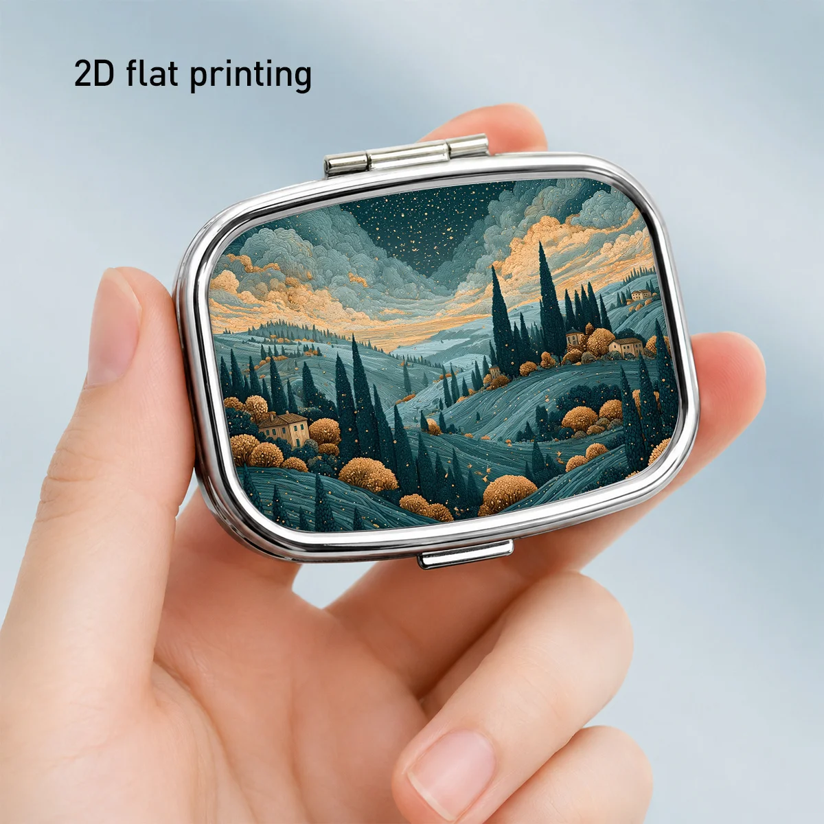 Square Metal Small Pill Box with Starry Night and Pine Forest Valley Pattern, Featuring Rich Details and an Attractive Appearance, Compact and Lightweight, Practical for Use, Two-Compartment Portable Storage Box, for Organizing Small Items, Jewelry, Medicines, and Vitamins on the Go, with a Compartment Design for Easy Access, Suitable for Home, Outdoor, Travel, and Daily Life, Durable and Exquisite, Portable and Convenient.