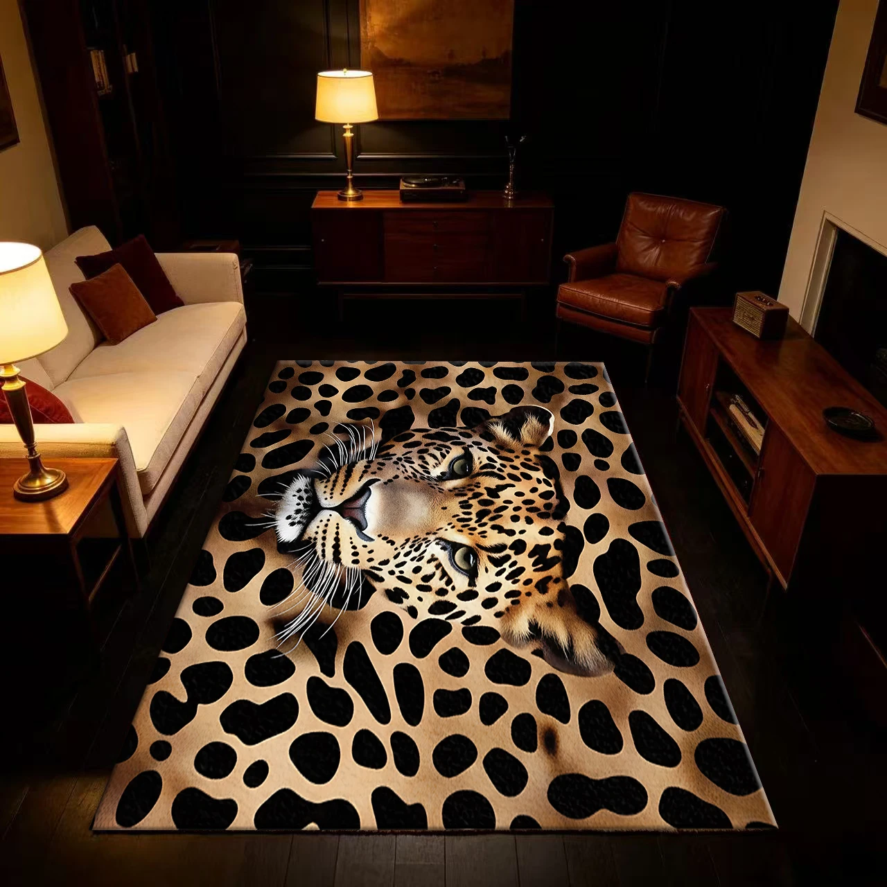 Realistic Leopard Head Animal Pattern Carpet, Non-Slip, Fashionable Wild Style Carpet Suitable for Bedroom, Living Room, Home Decoration
