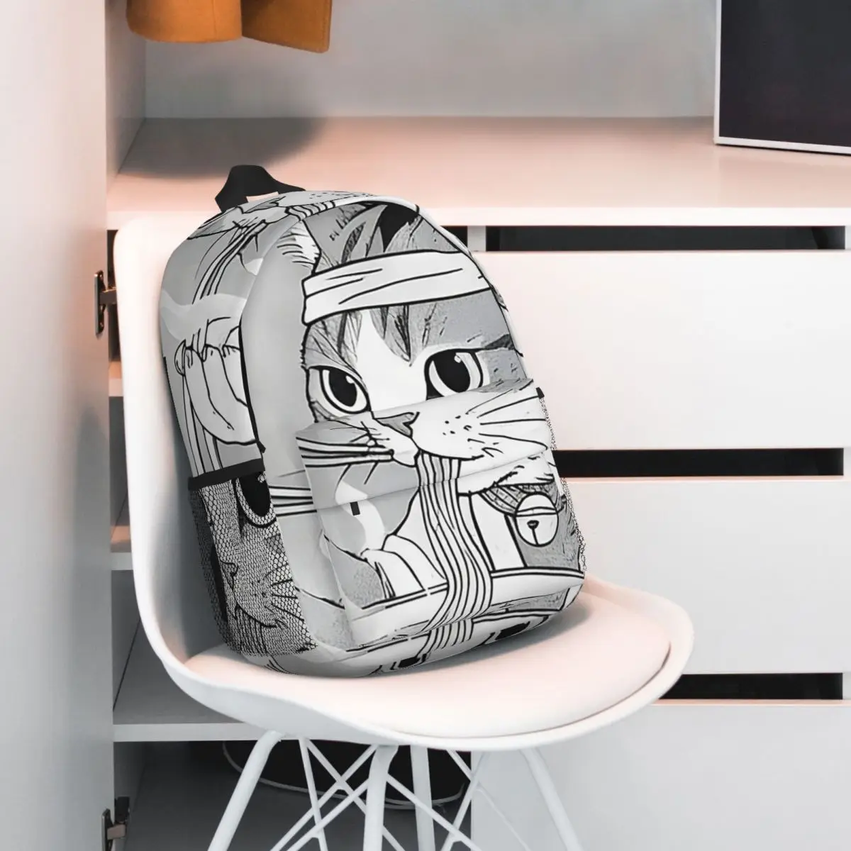 Japanese Cat Eating Ramen Backpack Student BookBag Children School Bag Computer Shoulder Bags for Men Women