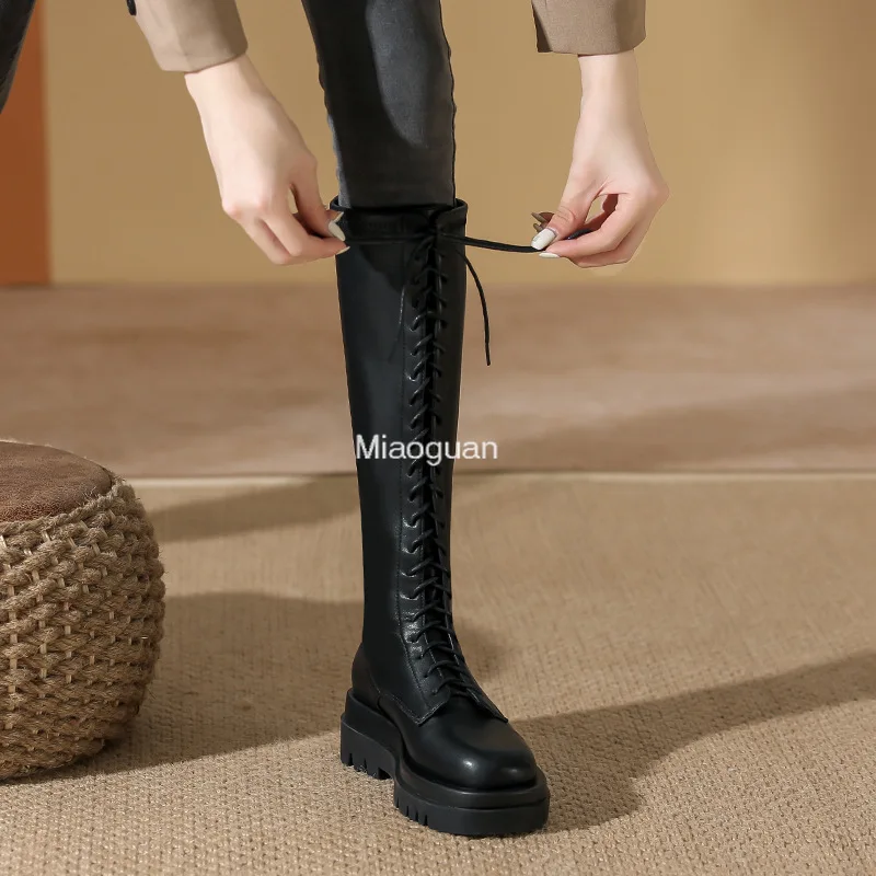 Women Fashion Leather Knee High Boots Round Toe Flat Platform Zipper Lace-up Boot Luxury Ladies Shoes Autumn Winter Black Casual