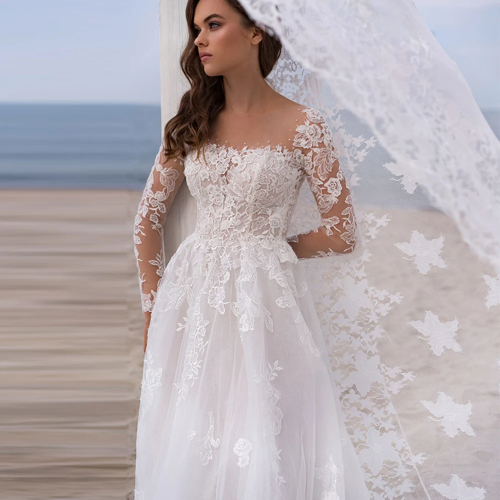 Abiti da sposa Boho 2022 o-collo maniche lunghe abiti da sposa in pizzo A-Line perline Sweep Train boemia abito da sposa Robe De Mariee