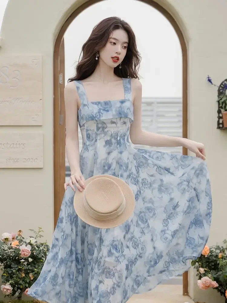 Print Dress for Women 2025 Fashion Fairycore Spaghetti Strap Summer Dress Chic Elegant Square Collar Slim Midi Dress