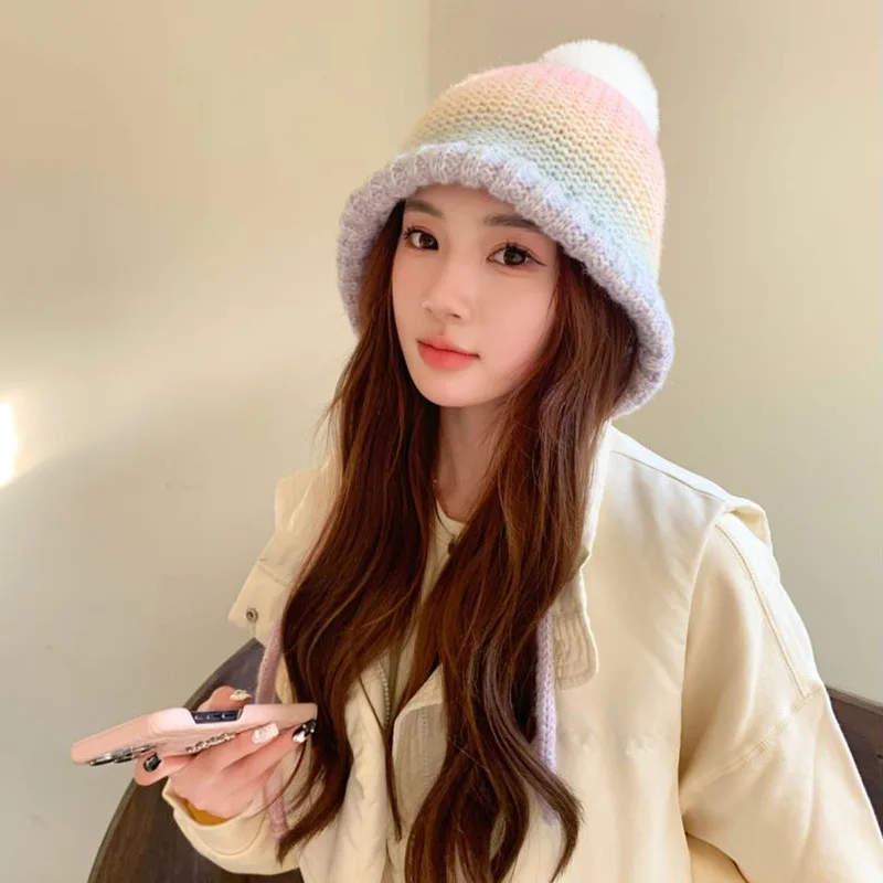 Color Wool Hat Women's Autumn and Winter Cute Lace-up Warm Knitted Headgear Contrasting Color Retro Ear Protector Pullover Hat