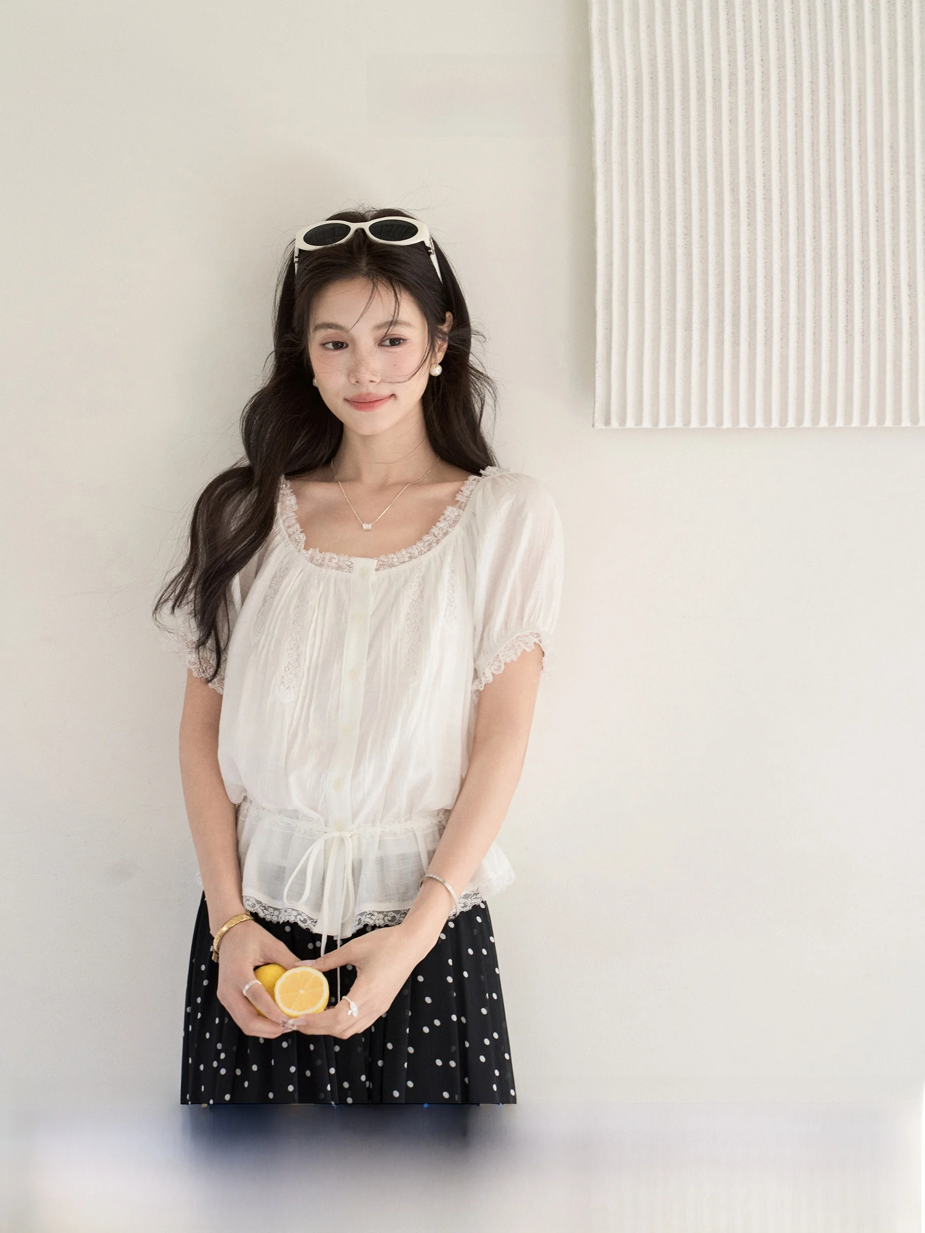

Elegant Lace Trim Short Sleeve Bubble Sleeve Shirt Women's Summer New Style French Style Waist Cinched Breathable Skin-Friendly
