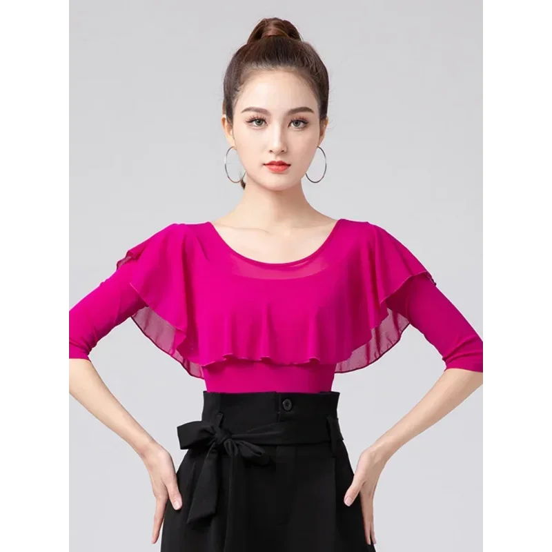 

Однотонный танцевальный комбинезон для женщин, латинское платье для девочек, элегантная тренировочная женская одежда, танцевальное платье с рюшами по краям