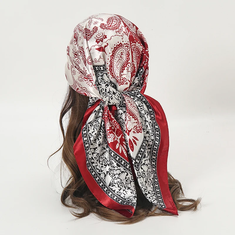 Lenço quadrado de cetim feminino muçulmano hijab elegante 2023 impressão lenço de seda xale envolve bandana alça acessórios para o cabelo bandana