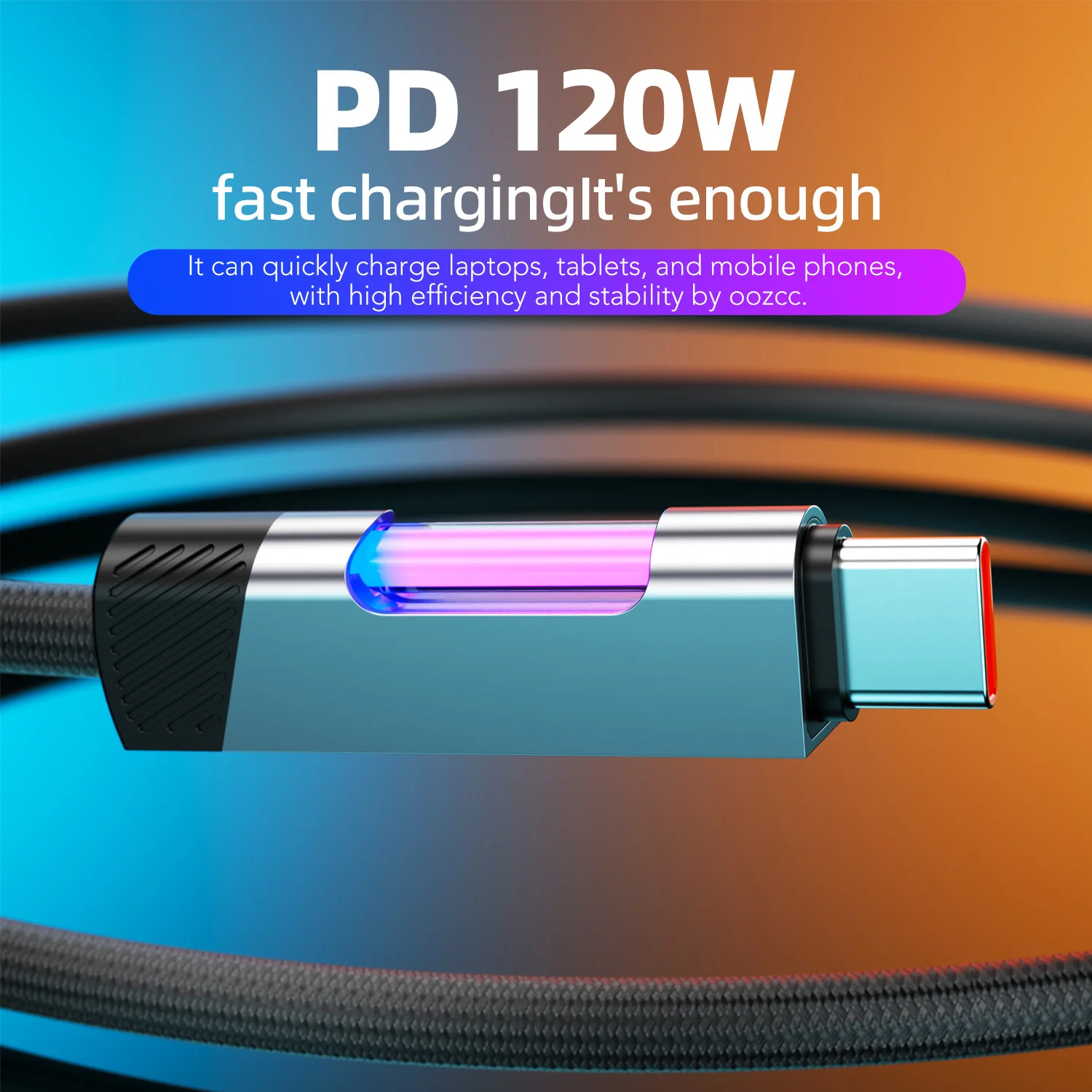 RGB Fast Charging Cable 120W 6A USB Type C Charge Cable with RGB Ambient Light