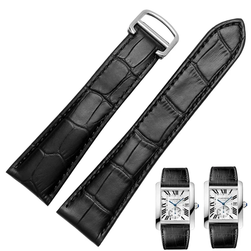 

16mm 18mm 20mm Genuine Leather Watch Strap Black Blue Brown Deployment Buckle Watch Bands for Cartier Tank Solo Blue Ballon