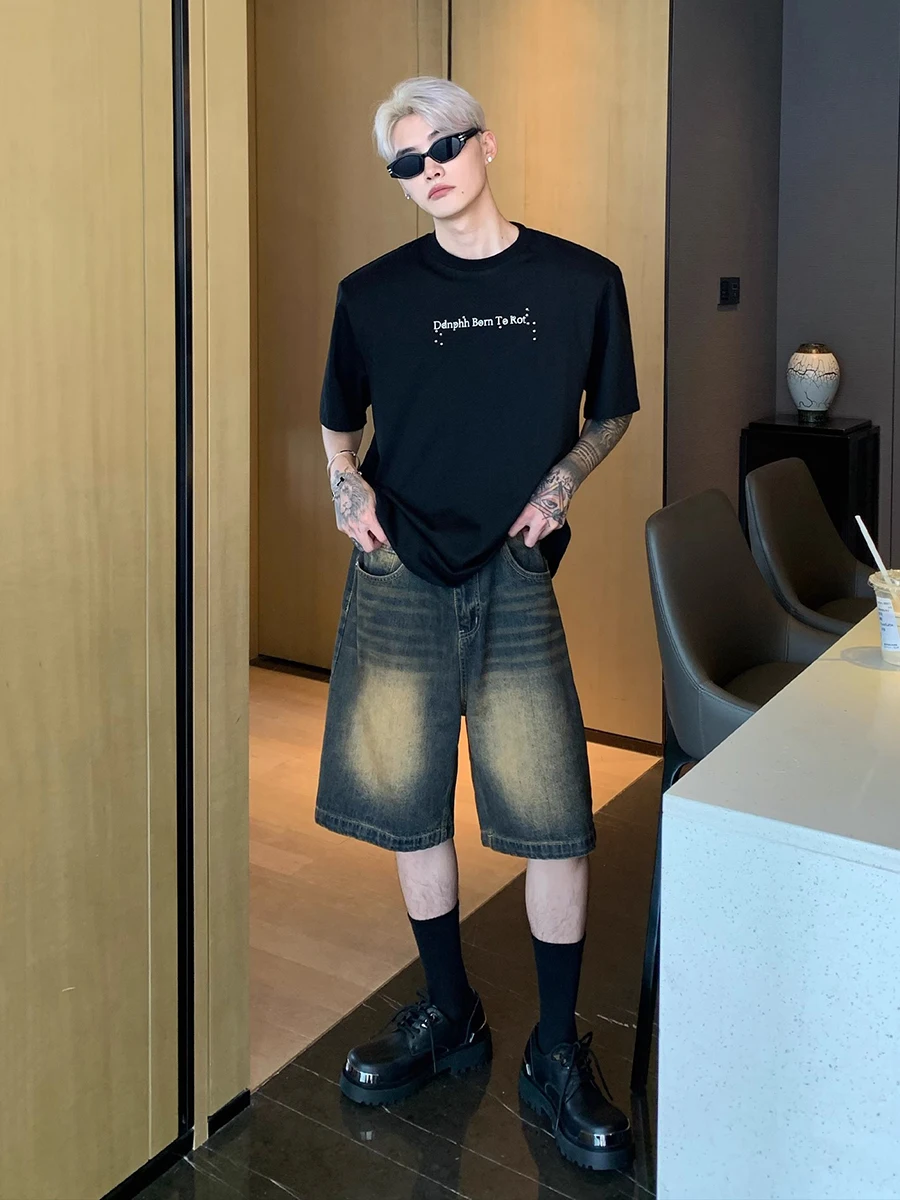 REDDACHIC Vintage Wash Whiskers Denim Shorts Men Straight Wide Leg Casual Baggy Jeans Jorts Male Trousers Harajuku Y2k Clothes