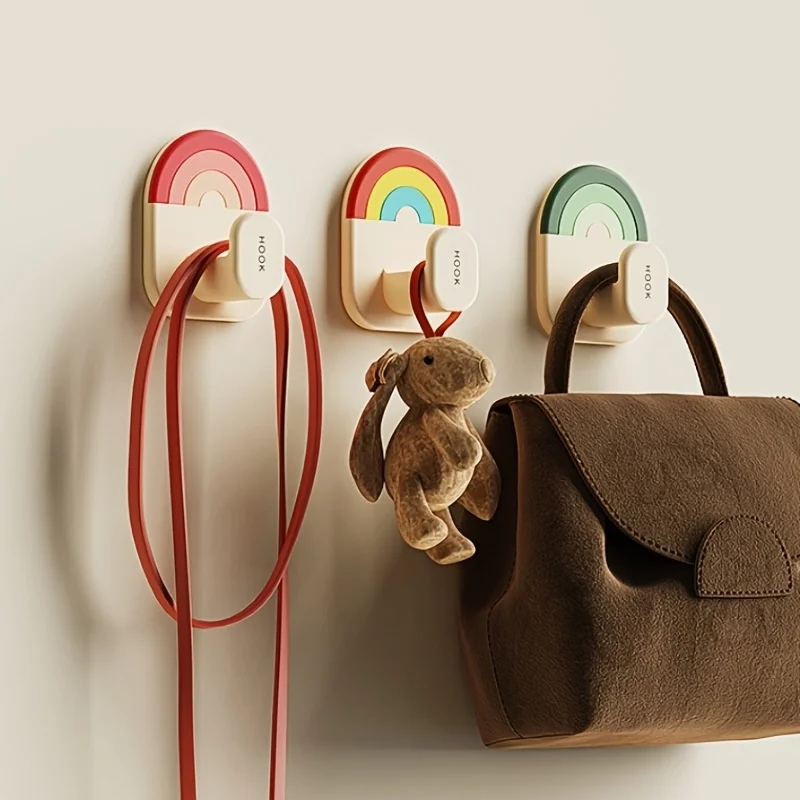 Set of 3 Rainbow Adhesive Hooks No Drilling Required Versatile Self-Adhesive Wall Hooks Suitable Bathroom Hallway Utility Hooks