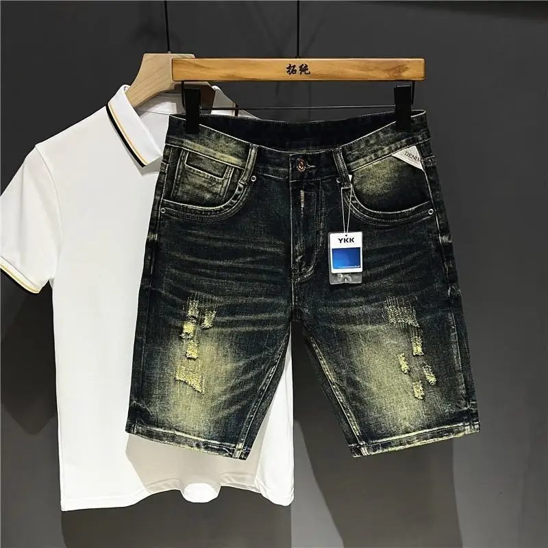 Shorts jeans até o joelho masculino, jeans vintage, calça de vaqueiro, marca high-end, casual, amarelo, luxo, streetwear, tingido com lama