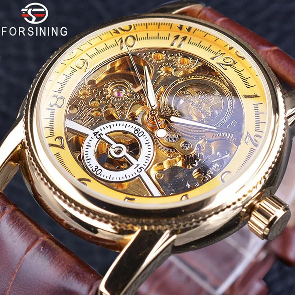 Fashion Winner Top Brand Men\'s Leisure Hollow Out Automatic Mechanical Luxury Golden Advanced Gifts Genuine Leather Wrist Watch