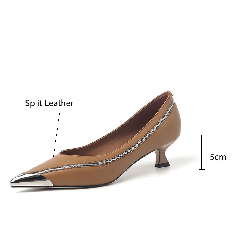 2024 New Spring Summer Split Leather Women Shoes Metal Pointed Toe High Heel Women Pumps Shallow Loafers for Women Ladies Shoes