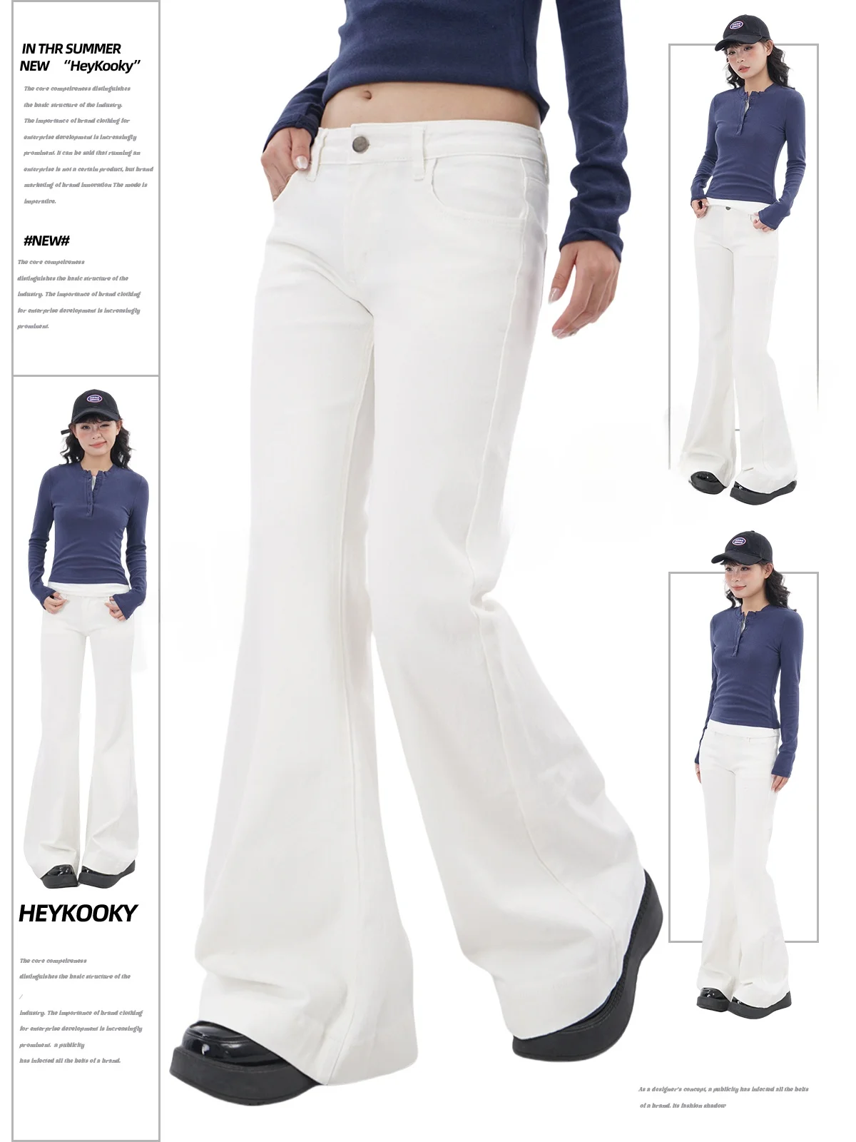 

American Retro Low Waist Slim Fit Women's Jeans White Straight Leg Micro Flared Casual Pants Elastic Waist Long Trousers