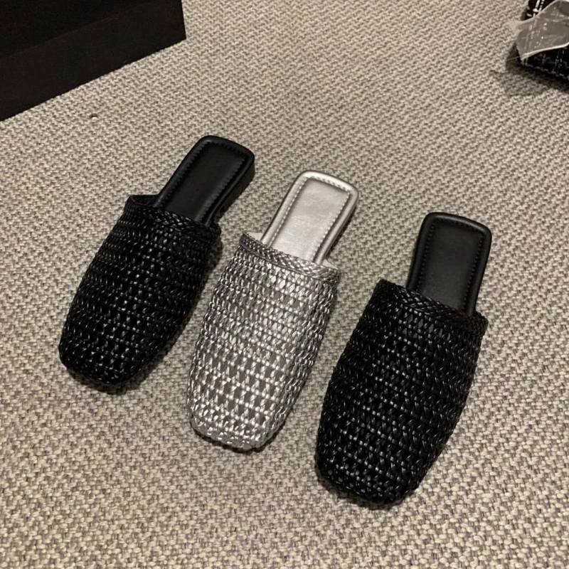 

Дизайнерские женские мюли с закрытым носком, плетеные, на ремешке, без застежки, весна-осень, лаконичные туфли Zapatos De Mujer