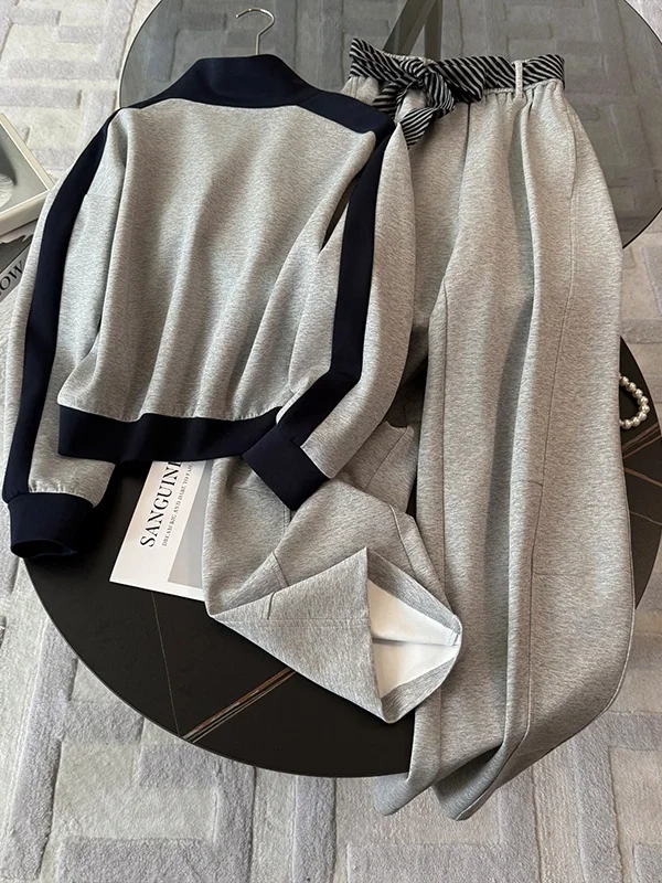 Street Style Casual Sportswear Set Women's Winter Korean Fashion Grey Jacket Top Wide Leg Workwear Pants Two Piece Set view 2