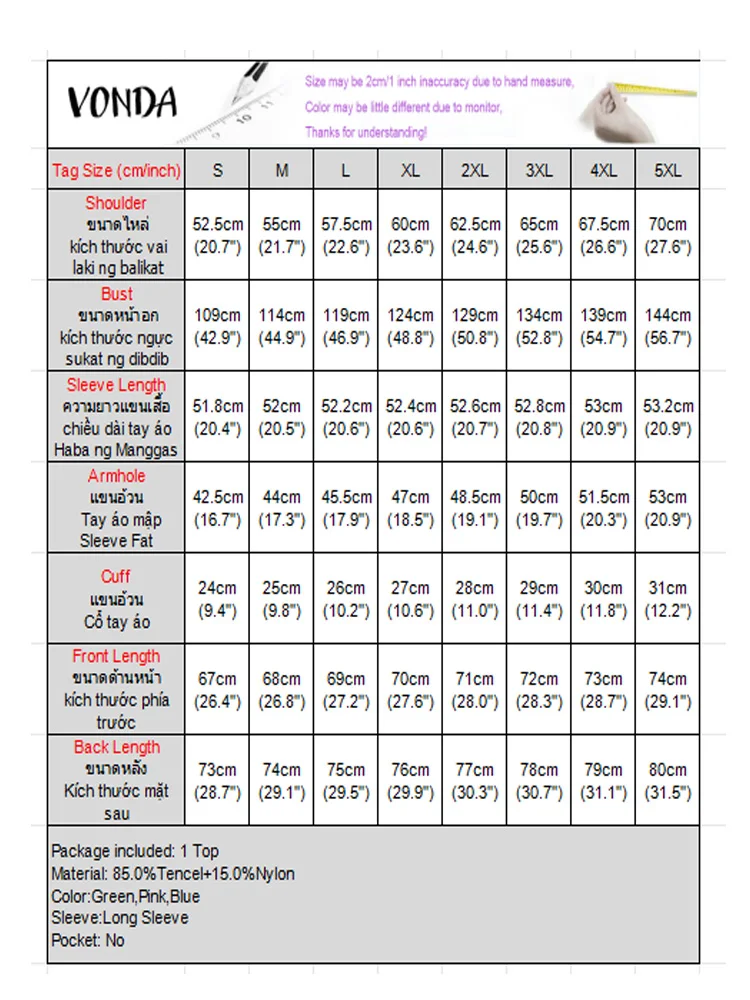 Koreanischen Stil Frauen Shirts Plus Größe VONDA Mode Langarm Tuniken Beiläufige Lose Tops 2025, Einfarbig Revers Neck Blusas 5XL