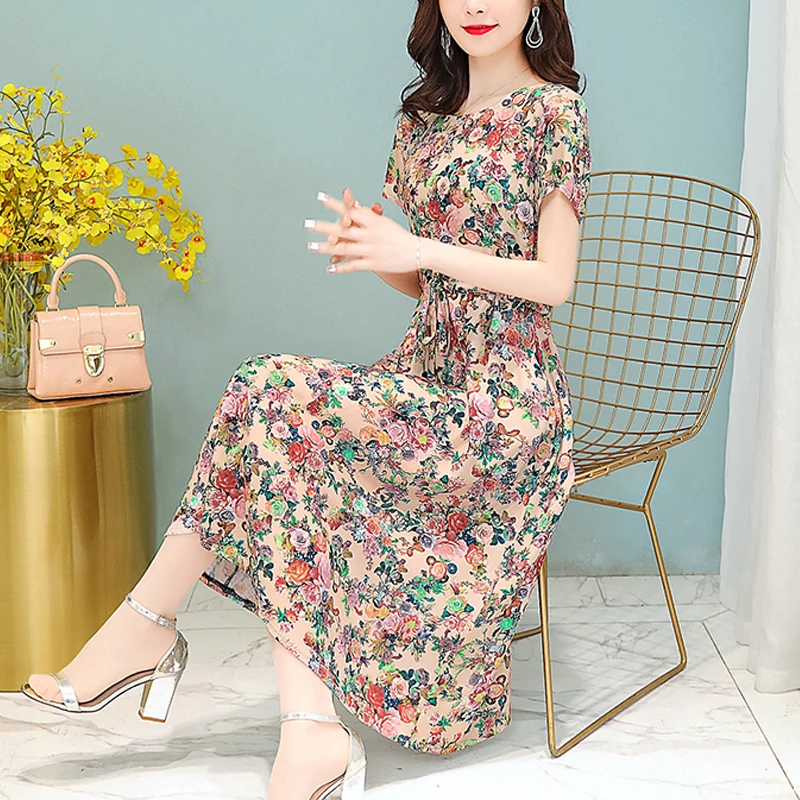 New Fashion Casual 2025 Summer Vintage Dresses O-Neck Print Floral Elegant Party Dress For Women Slim Plus Size Women Clothing
